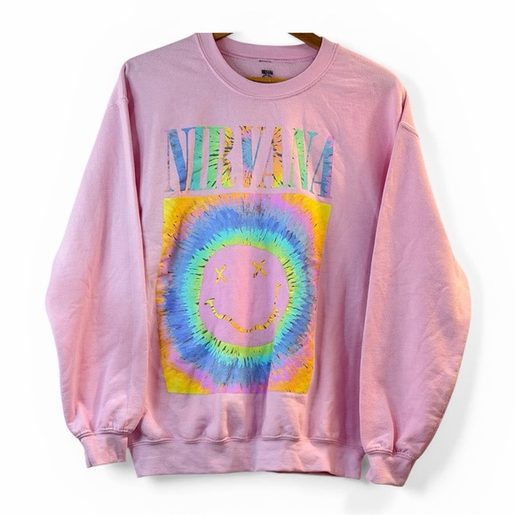 NIRVANA Sweaters - Nirvana Pink Tie‑Dye Smiley Face Crewneck Sweatshirt NWT M